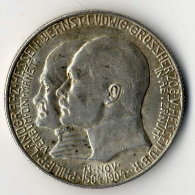 Kaiserreich, 5 Mark Hessen Ernst Ludwig, 1904, erfolgreich in Kommission verkauft.