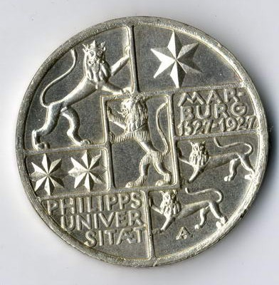 Münze der Weimarer Republik, 3 Mark Marburg 1927.