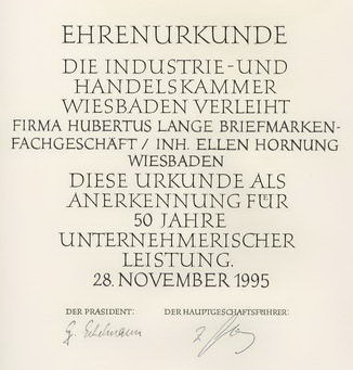 Ehrenurkunde der IHK Wiesbaden für Hornung.