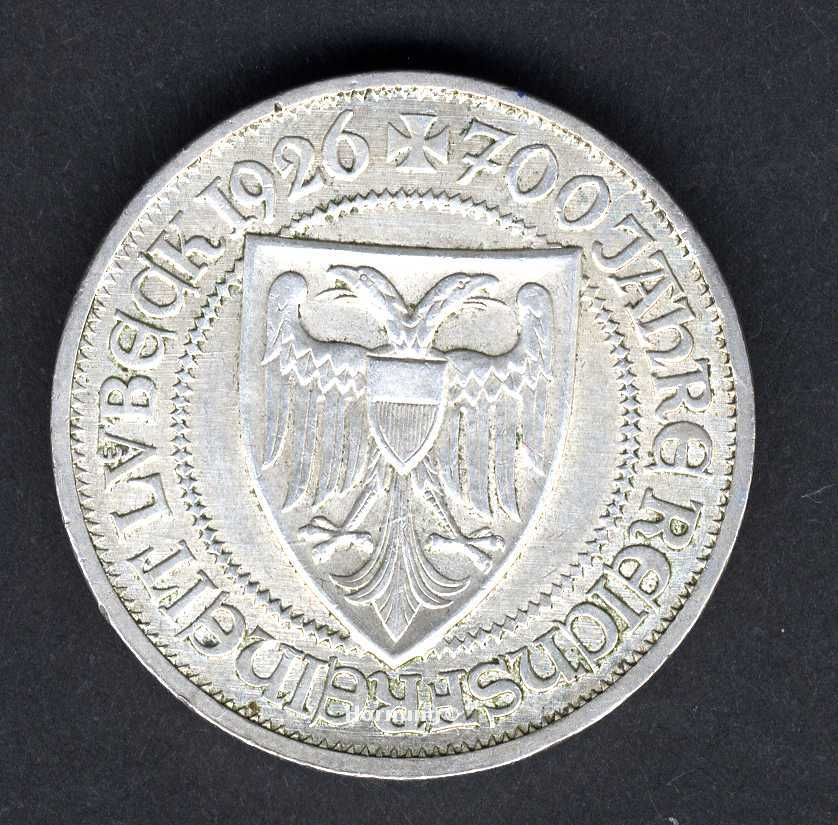 Lübeck SilberMünze zu 3 Mark aus dem Jahr 1926 der Weimarer Republik