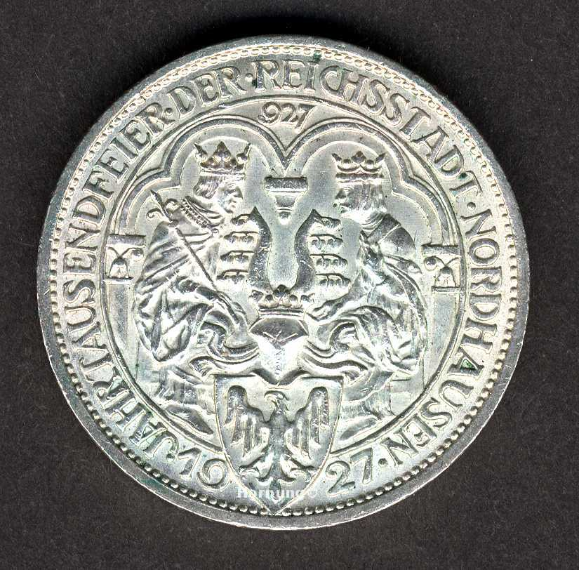 Nordhausen Silbermünze zu 3 Mark aus dem Jahr 1927